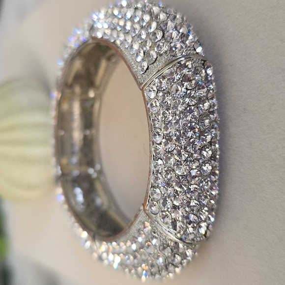 Vintage Sulver Pave-Set Rhinestone Square Stretch Bangle Bracelet - Picture 6 of 11